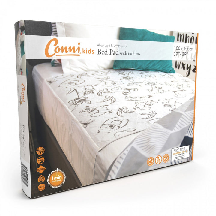 Conni Kids Bed Pad with tuck-ins featuring Aussie Animals design, ideal for nighttime protection and comfort.