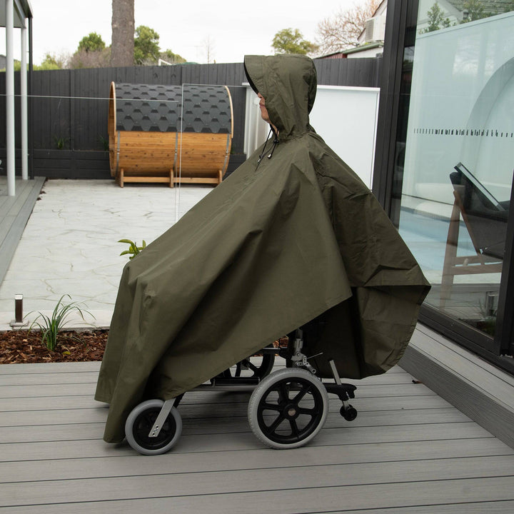 Staydry Wheelchair Poncho by Stay Dry Products, side view showing waterproof fabric and adjustable fit for wheelchair users.
