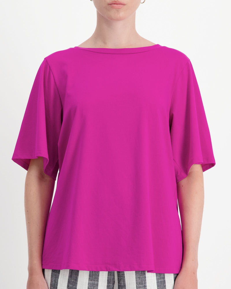 Lilli Leaf Back T-Shirt in vibrant magenta with boat neckline and flowing bell sleeves, showcasing a comfortable adaptive design with StainFree technology, photographed against white background in front view displaying modern, relaxed fit silhouette.