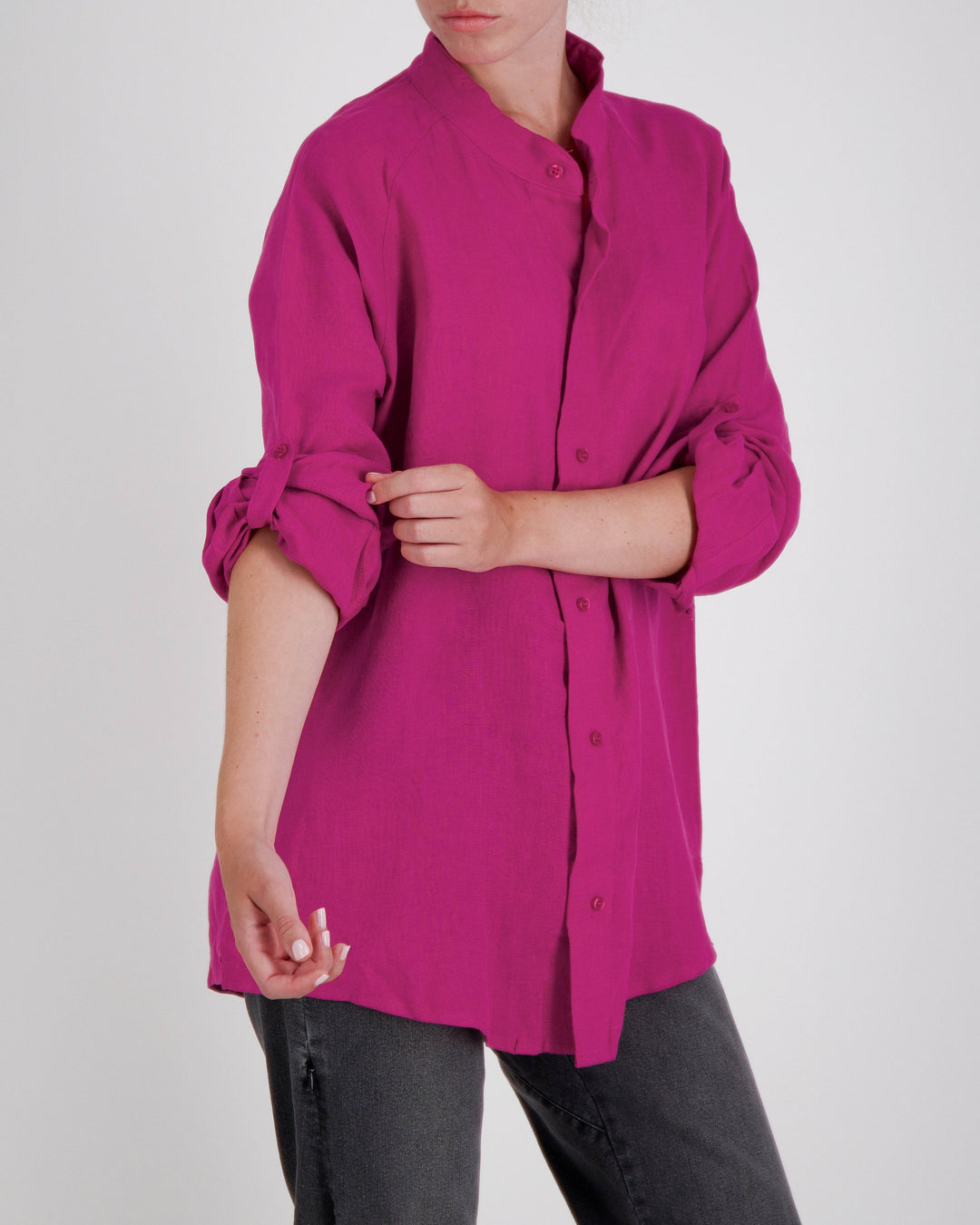 Christina Stephens Cruiser Magnetic Linen Shirt in light fabric, designed for adaptive clothing and dexterity support.