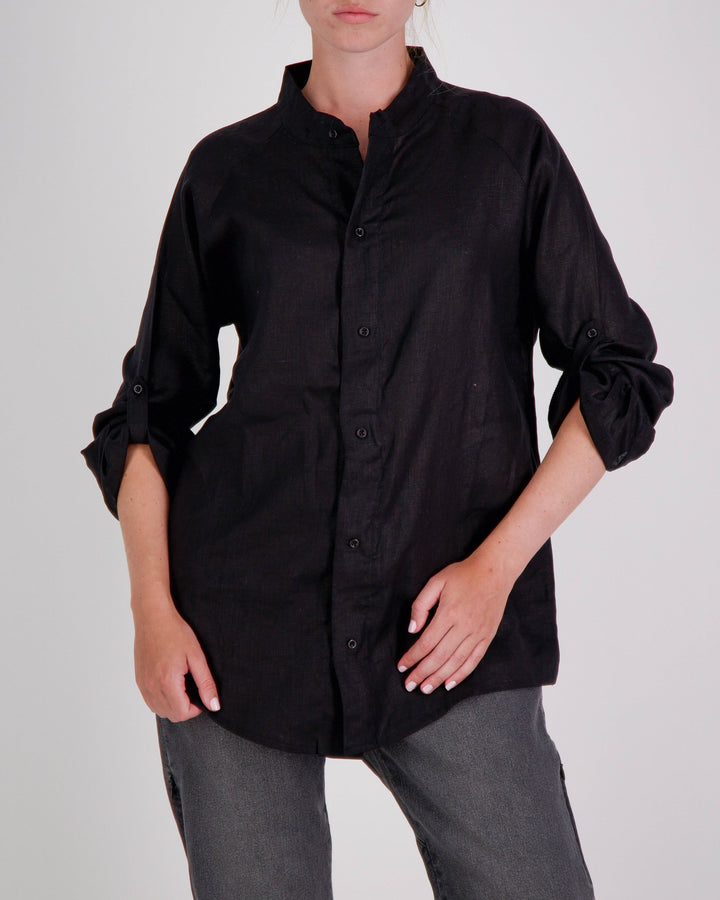 Christina Stephens Cruiser Magnetic Linen Shirt, adaptive clothing with magnetic closures for easy wear and dexterity support.