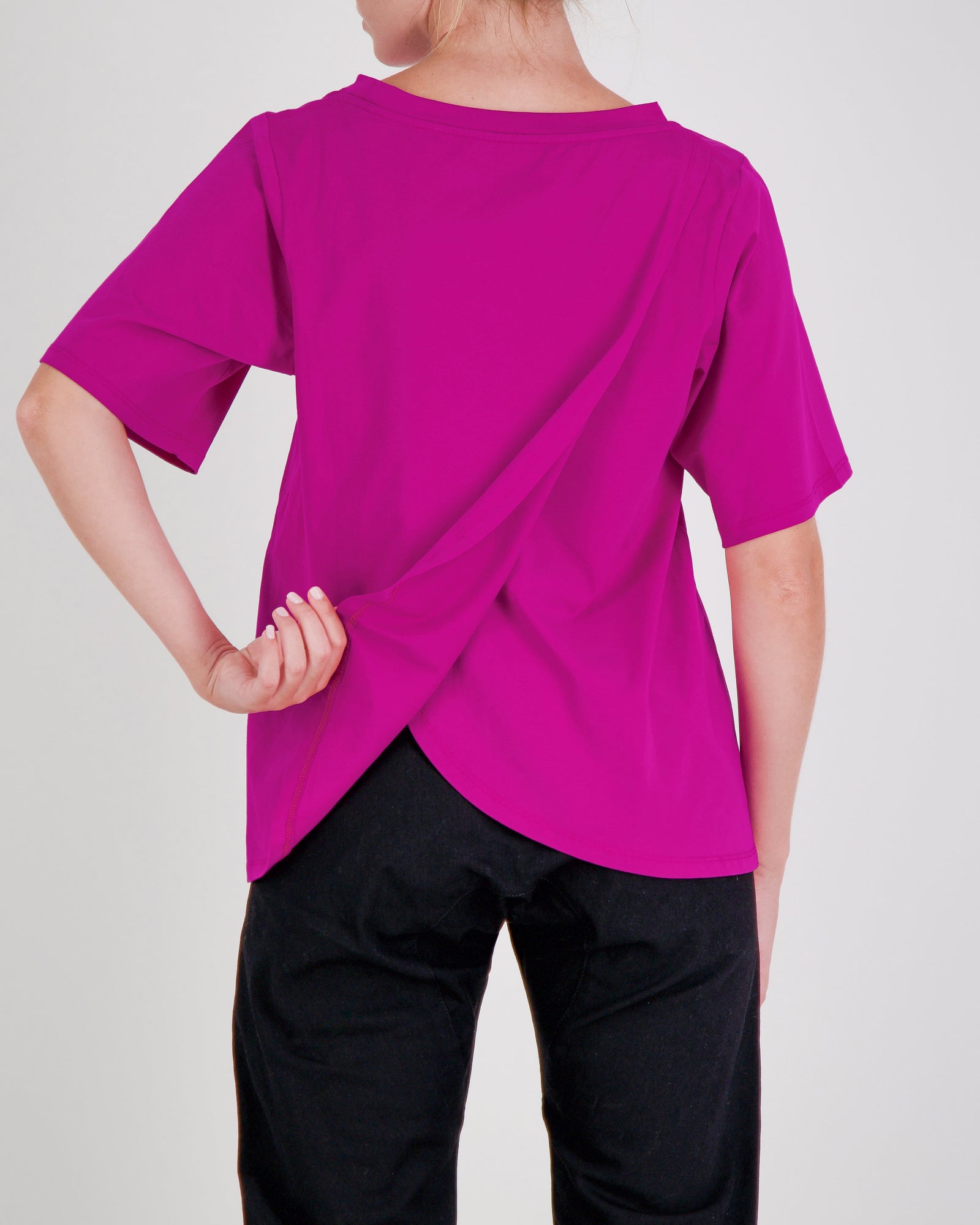 Berry Burst Christina Stephens Lilli Leaf Back T-Shirt featuring stain and spill resistance for dexterity support.