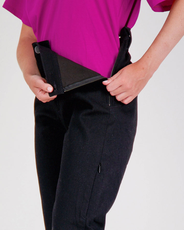 Black Annie Seated Jeans by Christina Stephens for female wheelchair users, featuring 2 & 3 access points.