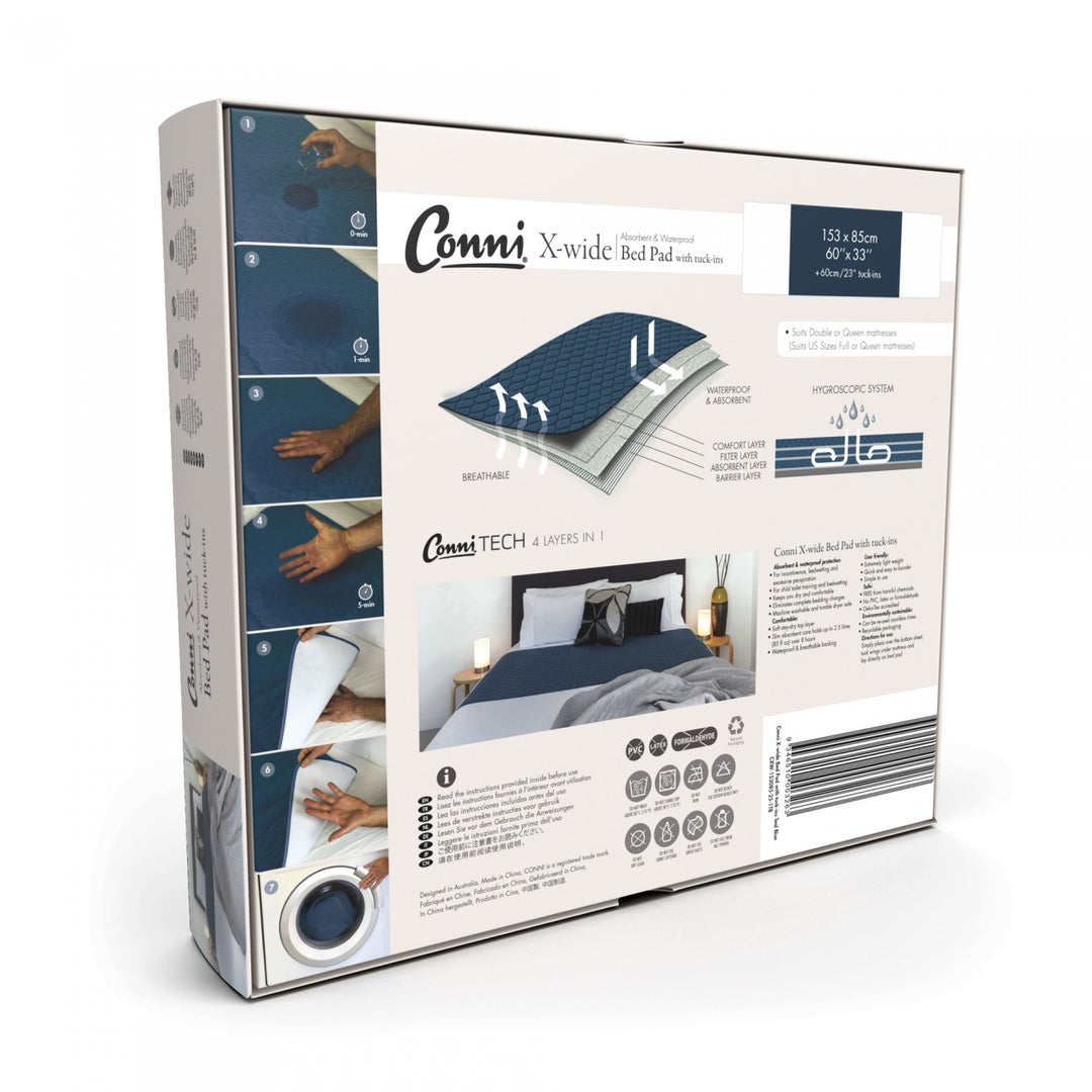 Conni X-wide bed pad with tuck-ins, featuring soft fabric and waterproof protection for a comfortable night's sleep.