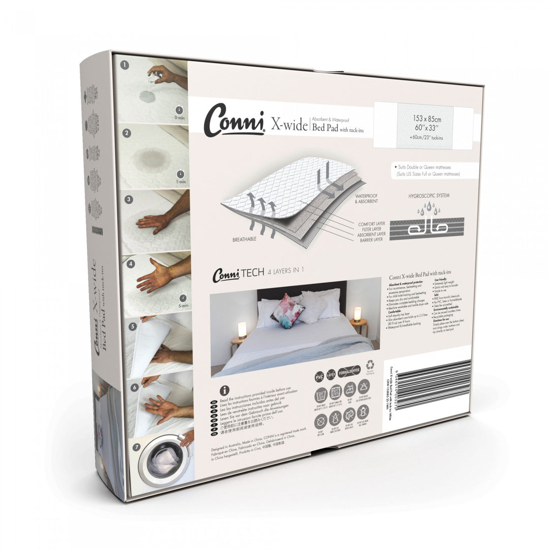 Conni X-wide bed pad with tuck-ins, white, featuring soft fabric and absorbent layers for added protection and comfort.