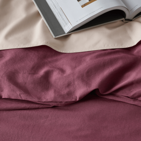 Stay Dry Products linen look water-resistant quilt cover set in cacao color, showcasing texture and design details.