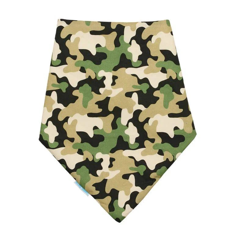 Child wearing Incare Supports Brolly Cotton Bandana with camouflage pattern, a comfortable adaptive clothing accessory.