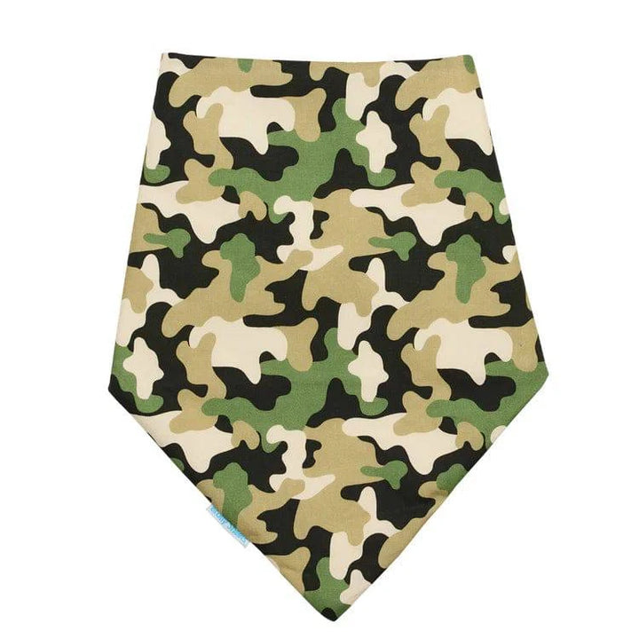 Child wearing Incare Supports Brolly Cotton Bandana with camouflage pattern, a comfortable adaptive clothing accessory.
