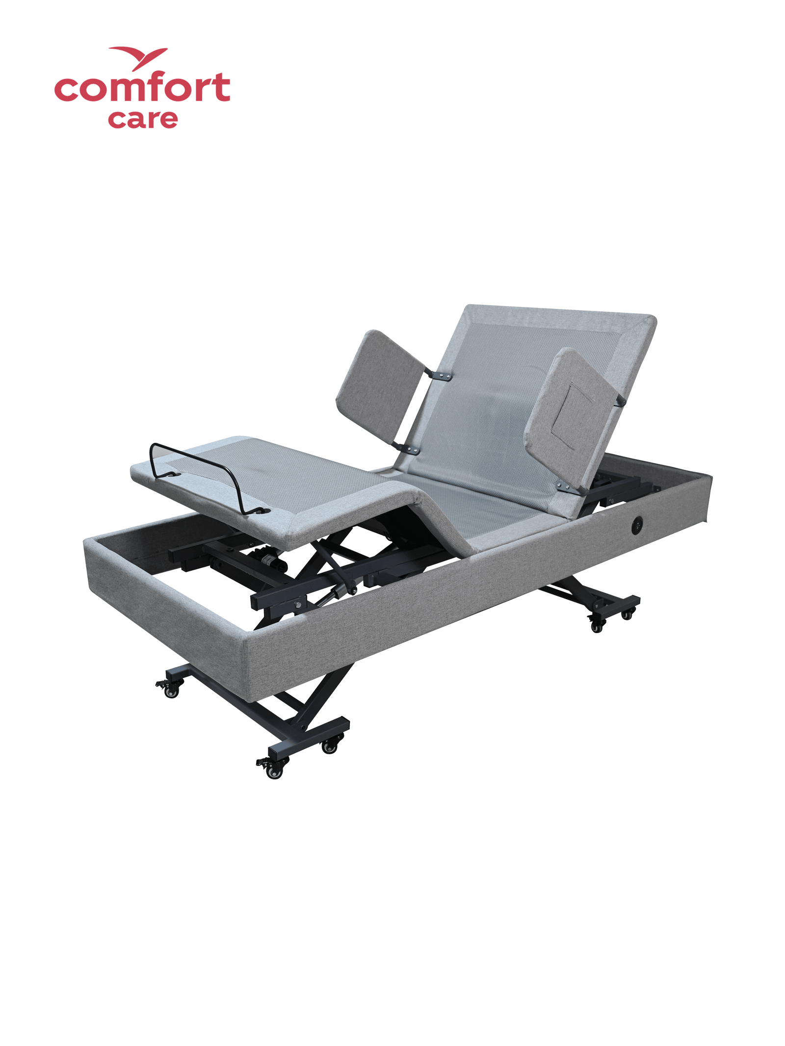 Pinnacle Comfort Care Dreame Lo-Lo electric adjustable bed shown without headboard, featuring a sleek design and modern controls.