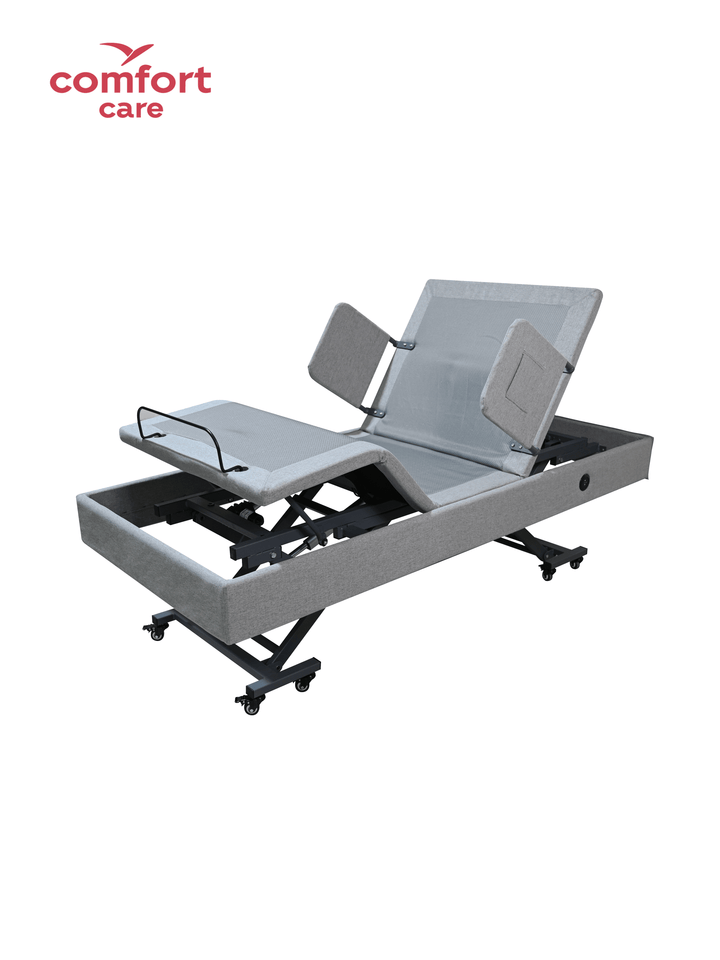 Pinnacle Comfort Care Dreame Lo-Lo electric adjustable bed shown without headboard, featuring a sleek design and modern controls.