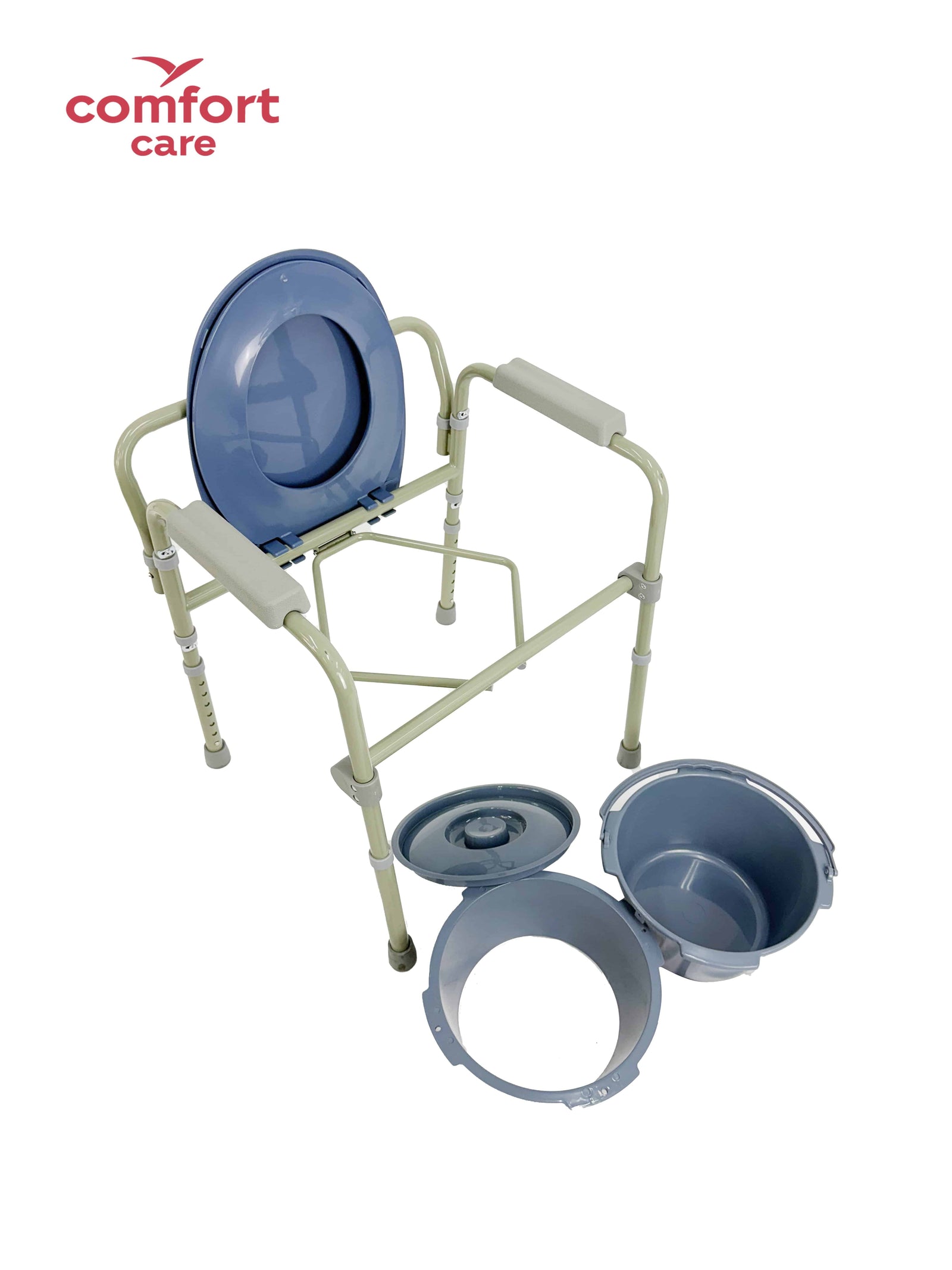 Pinnacle Comfort Care Deluxe Folding Commode with a sturdy frame and adjustable height for mobility assistance.