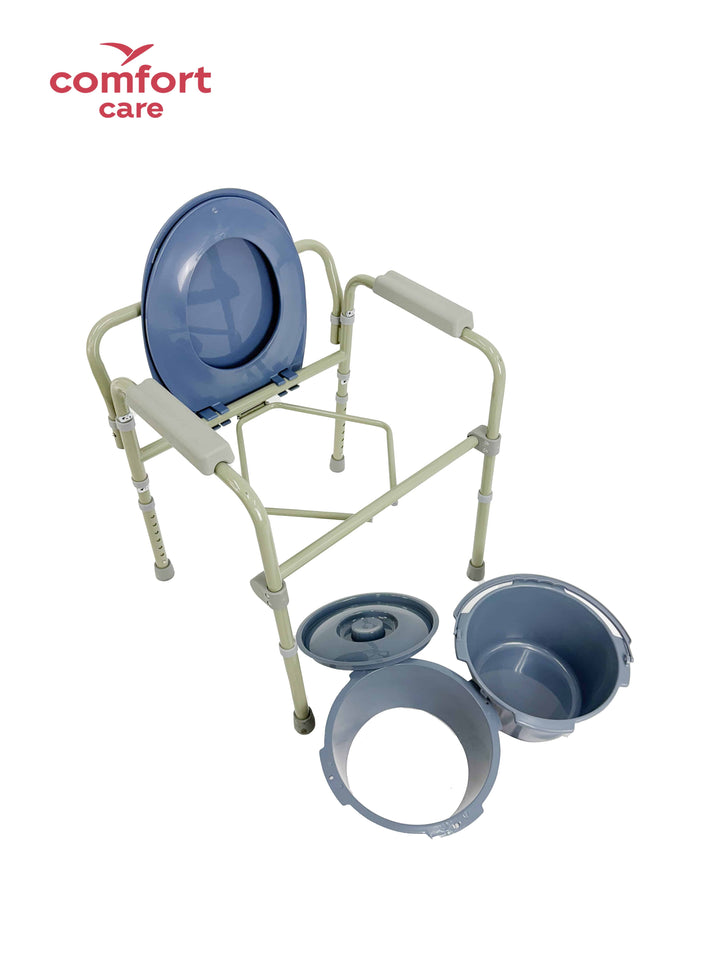 Pinnacle Comfort Care Deluxe Folding Commode with a sturdy frame and adjustable height for mobility assistance.