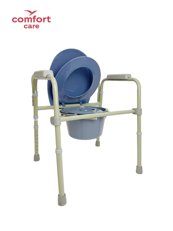 Pinnacle Comfort Care Deluxe Folding Commode with a sturdy frame, designed for mobility assistance and convenience.