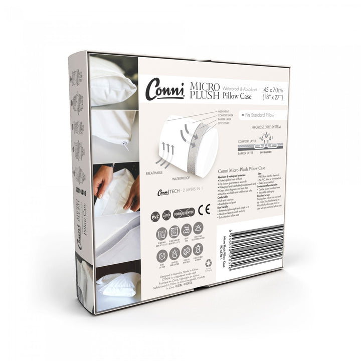 White Conni Micro-Plush pillow protector, soft fabric with a smooth finish, designed for ultimate comfort and protection.