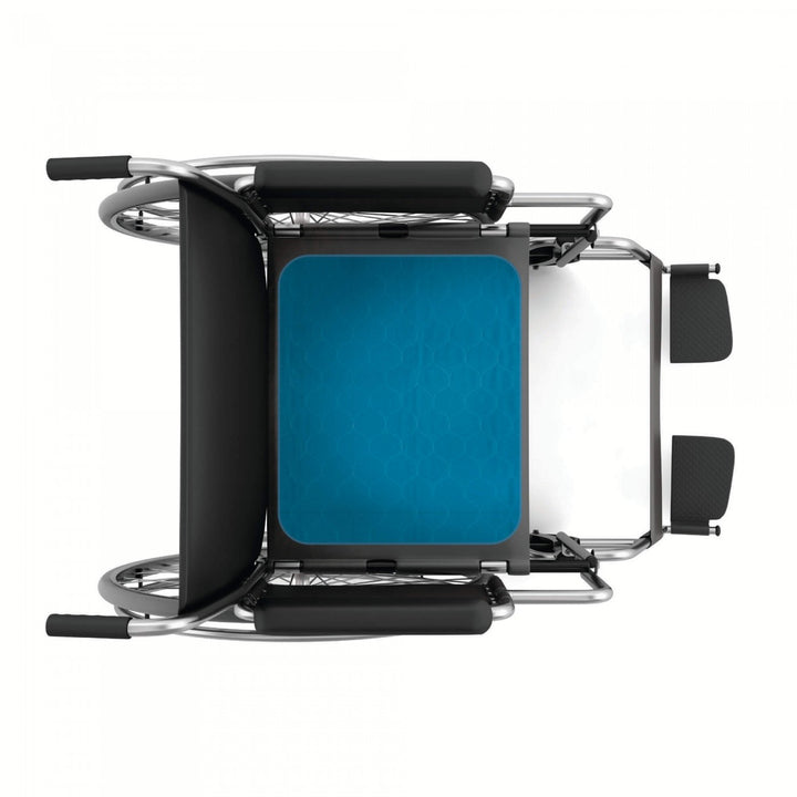 Large teal blue Conni chair pad for wheelchairs, featuring a soft, comfortable design for added support.