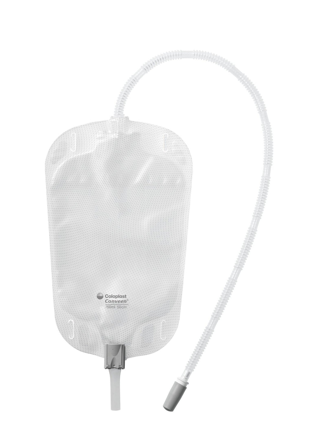 Coloplast Conveen Security+ leg bag, 750ml capacity, 50cm length, sterile design for secure and discreet use.