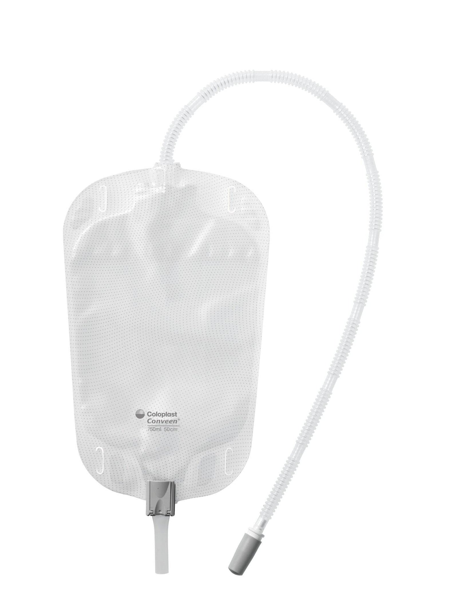 Sterile Conveen Security+ leg bag by Coloplast, 750ml capacity with a 50cm tube for urinary drainage, shown in the image.