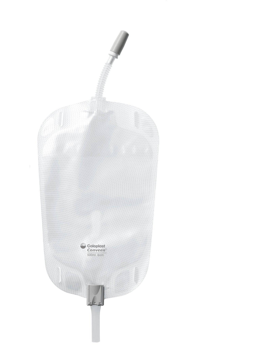 Sterile Conveen Security+ leg bag by Coloplast, 500ml capacity with 6cm wide strap for urinary drainage and collection.