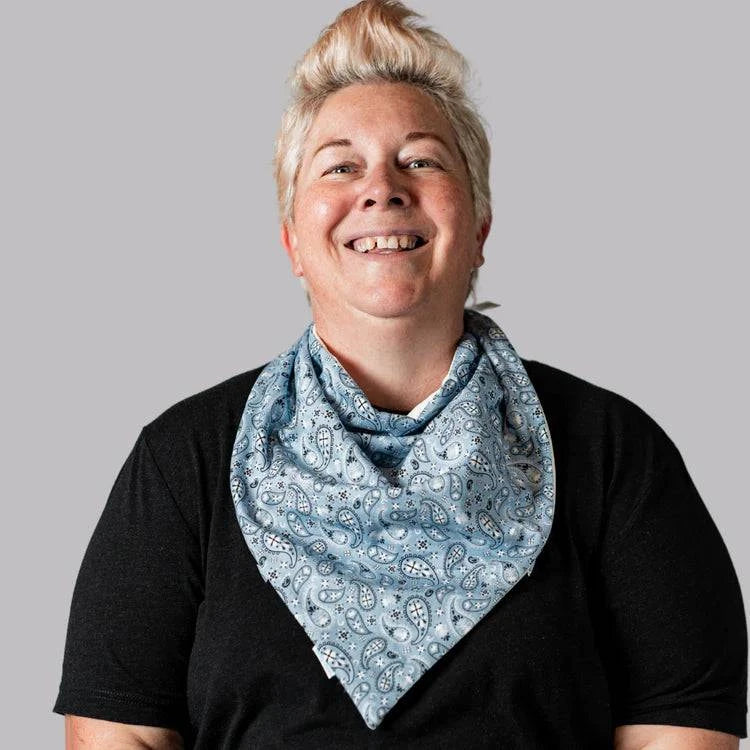 Adult waterproof and absorbent paisley cotton bandana by Brolly Sheets, designed for adaptive clothing use.
