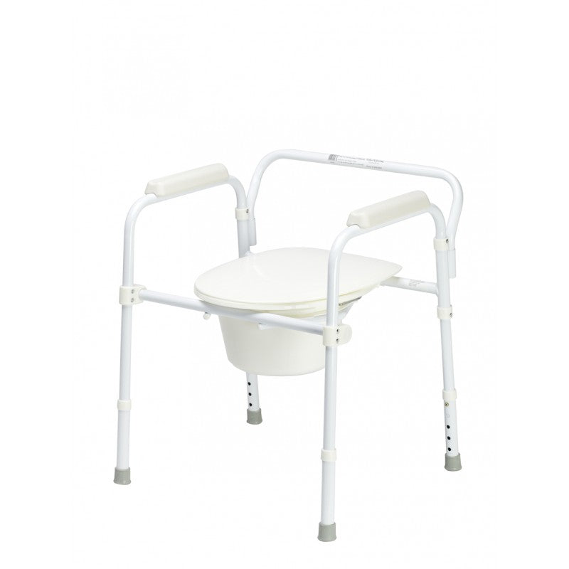 White Delta T14 Folding Commode by Quintro Healthcare, adjustable over toilet aid with mobility features.