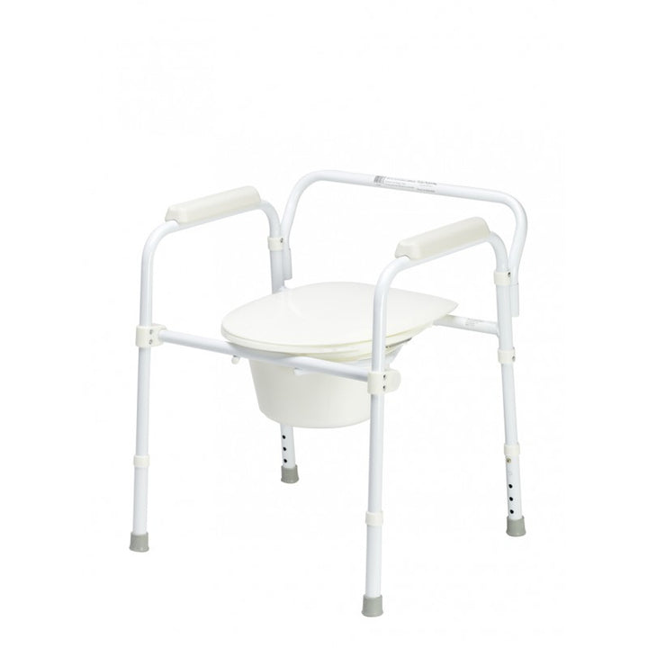 White Delta T14 Folding Commode by Quintro Healthcare, adjustable over toilet aid with mobility features.
