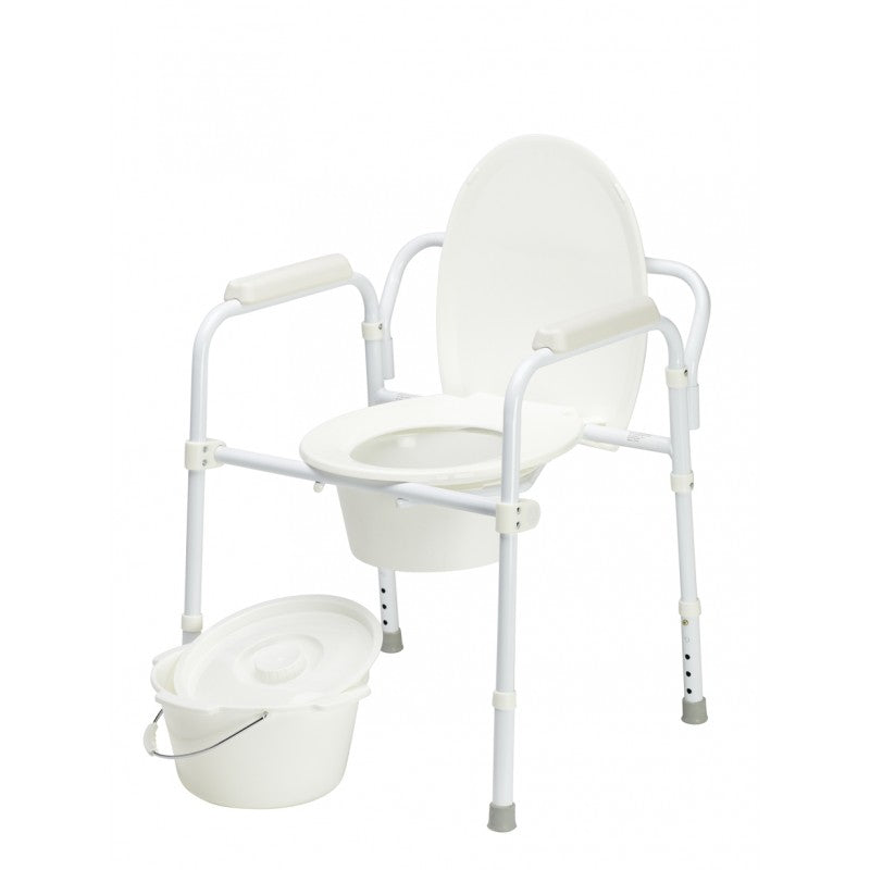 White Delta T14 Folding Commode by Quintro Healthcare with adjustable over toilet aid and open design for mobility assistance.