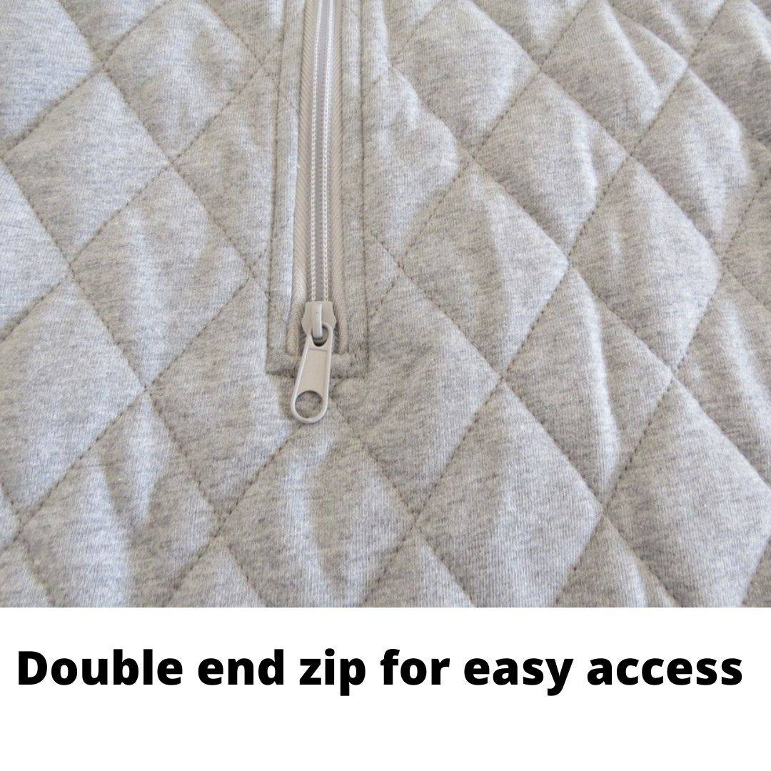 Double-end zip of Snuggle Bags by Ellie adaptive sleeping bag, showcasing easy access and cozy fabric.