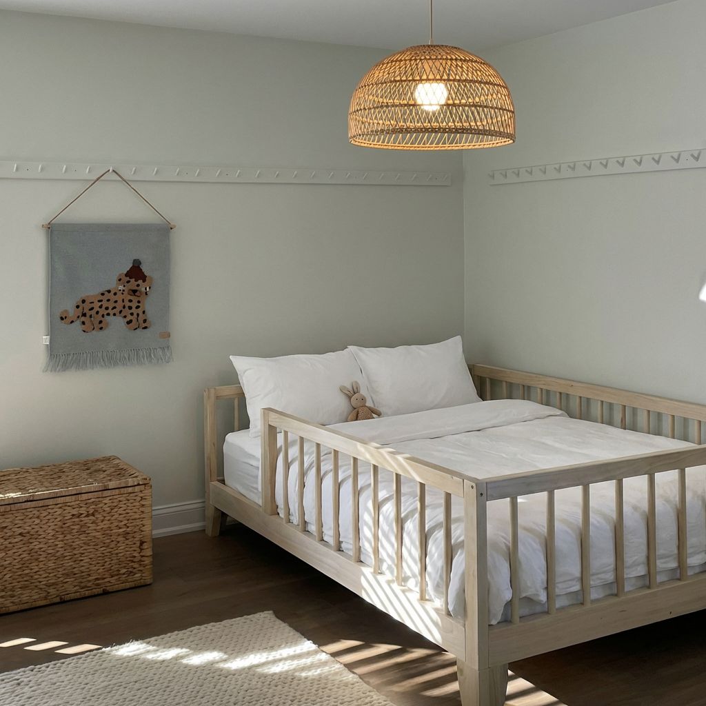 Children's bedroom with a wooden crib, wicker basket, and hanging lamp.