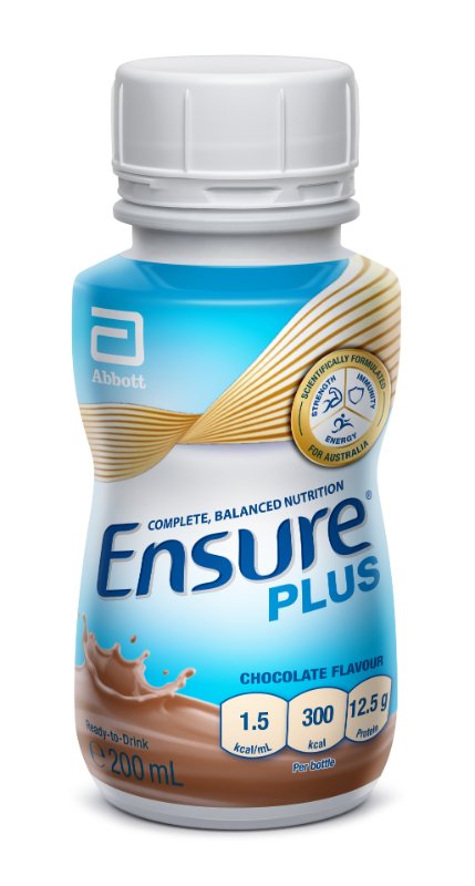 Ensure Plus chocolate-flavored nutrition bottle with Abbott logo on a white background