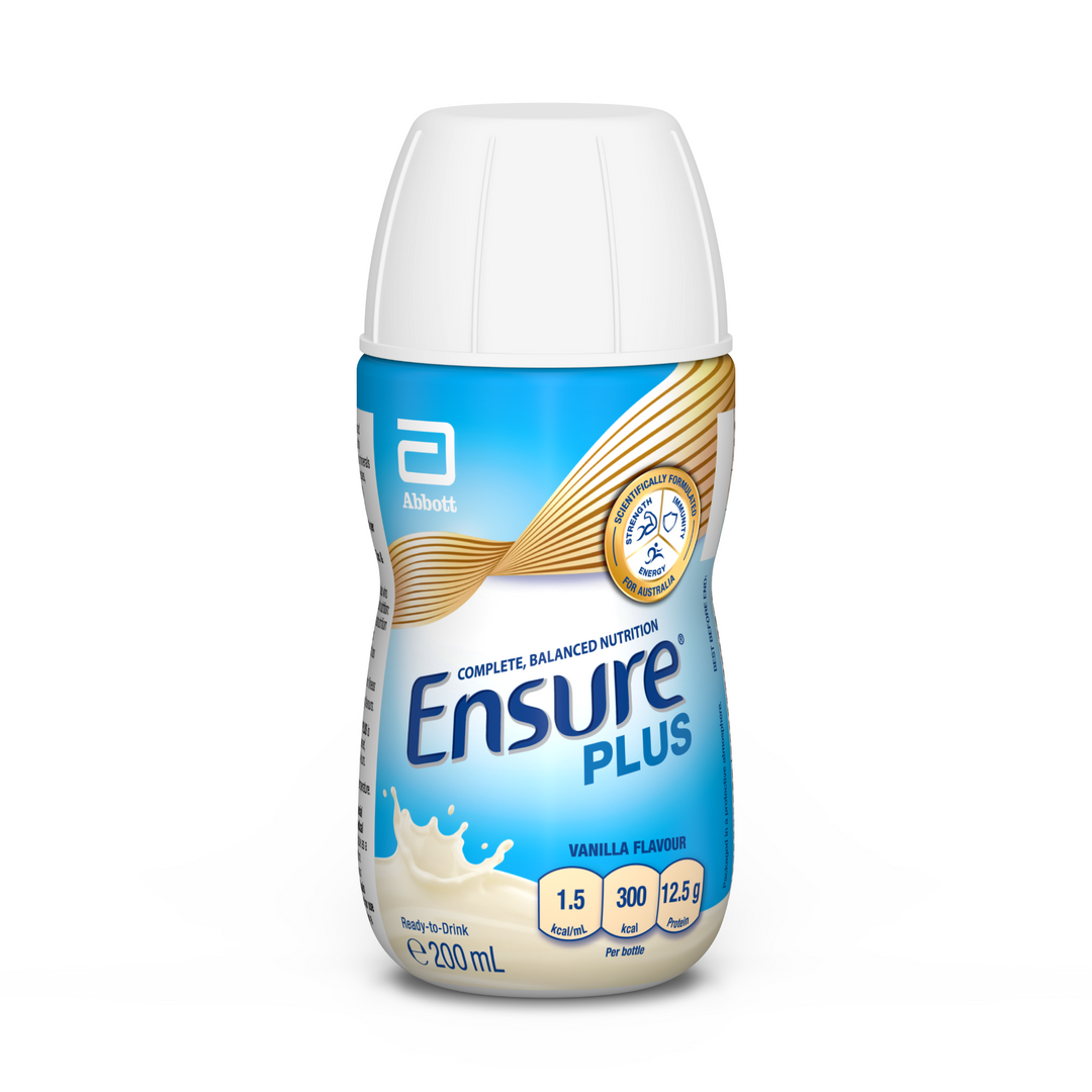 Ensure Plus Vanilla nutrition drink, 30 x 200mL bottles by DHL, featuring a creamy vanilla flavor in a front view image.
