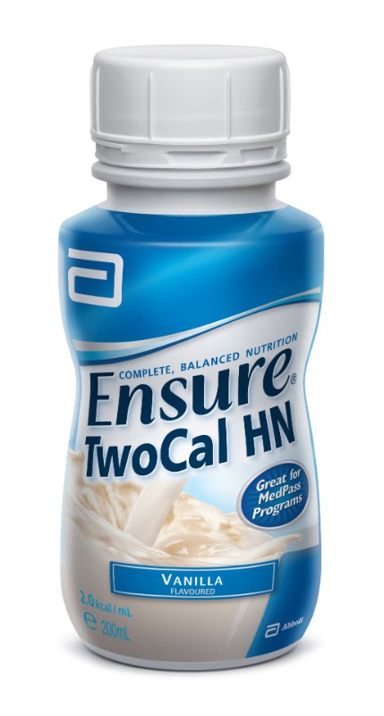 Ensure TwoCal HN vanilla flavor supplement bottle on a white background