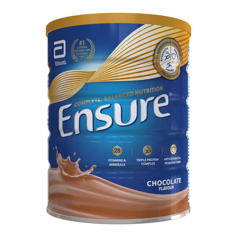 Ensure chocolate flavor supplement powder container on a white background
