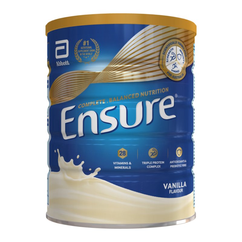 Ensure vanilla flavor supplement powder can on a white background