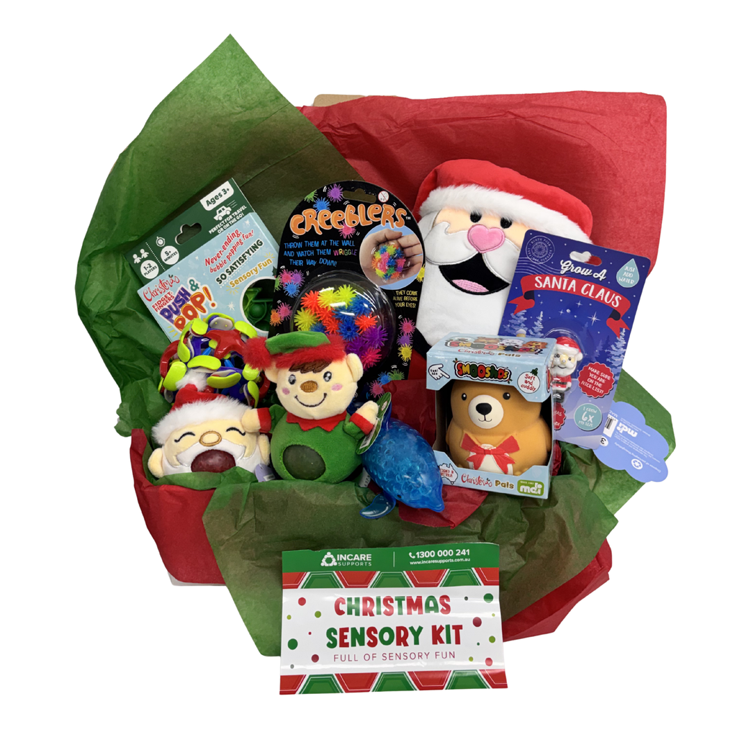 Christmas sensory kit with toys and Santa Claus figure on a white background