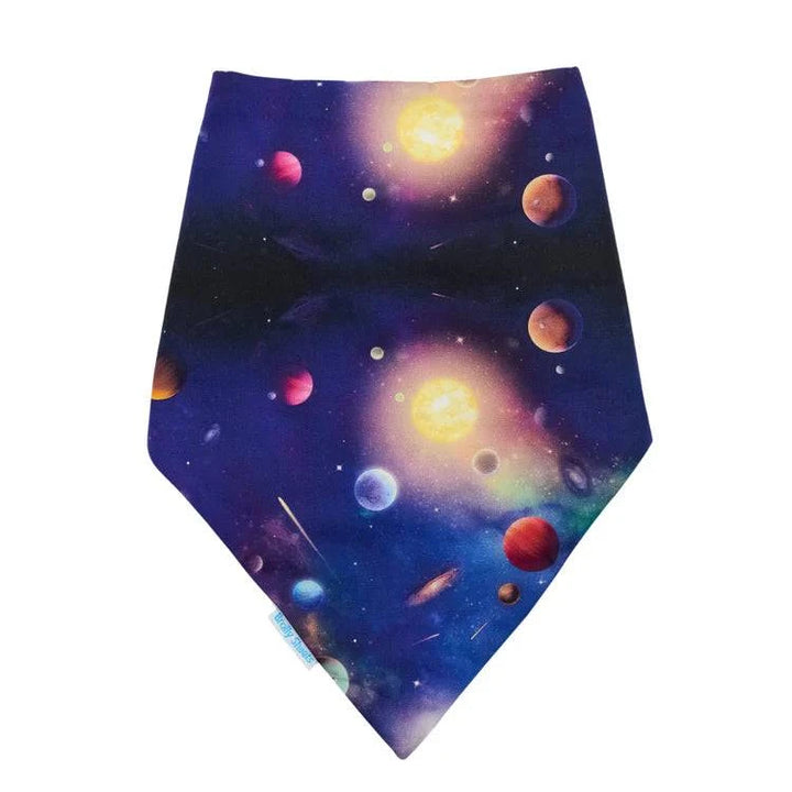 Child wearing Incare Supports Brolly Cotton Bandana, adaptive clothing accessory in galaxy print, on a white background.