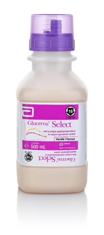 Bottle of Glucerna Select Vanilla Flavour on a white background