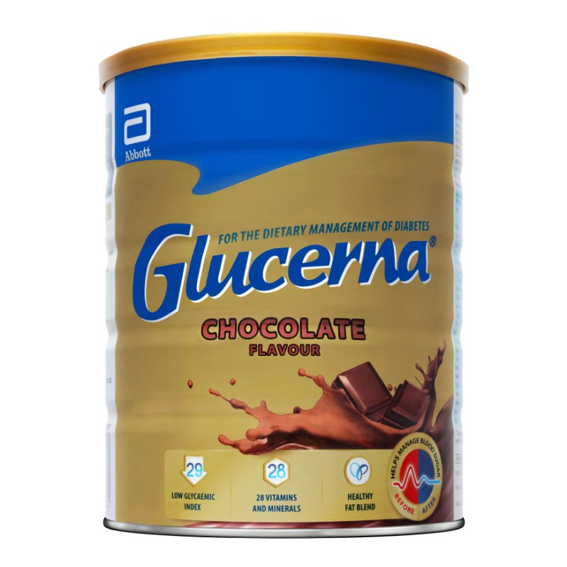 Glucerna chocolate flavor supplement powder container on a white background