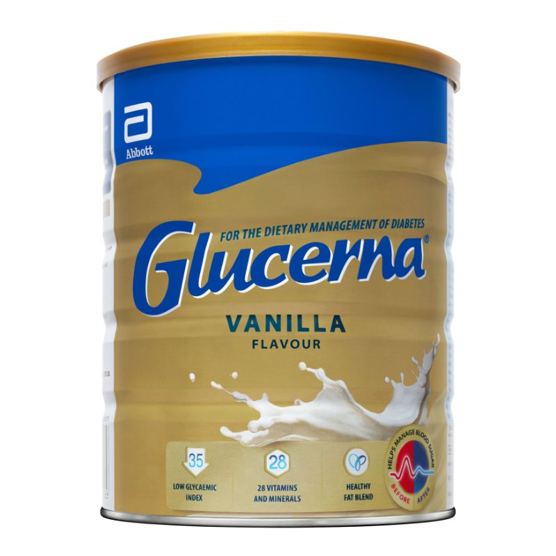 Glucerna Vanilla Flavour supplement can with Abbott logo on a white background