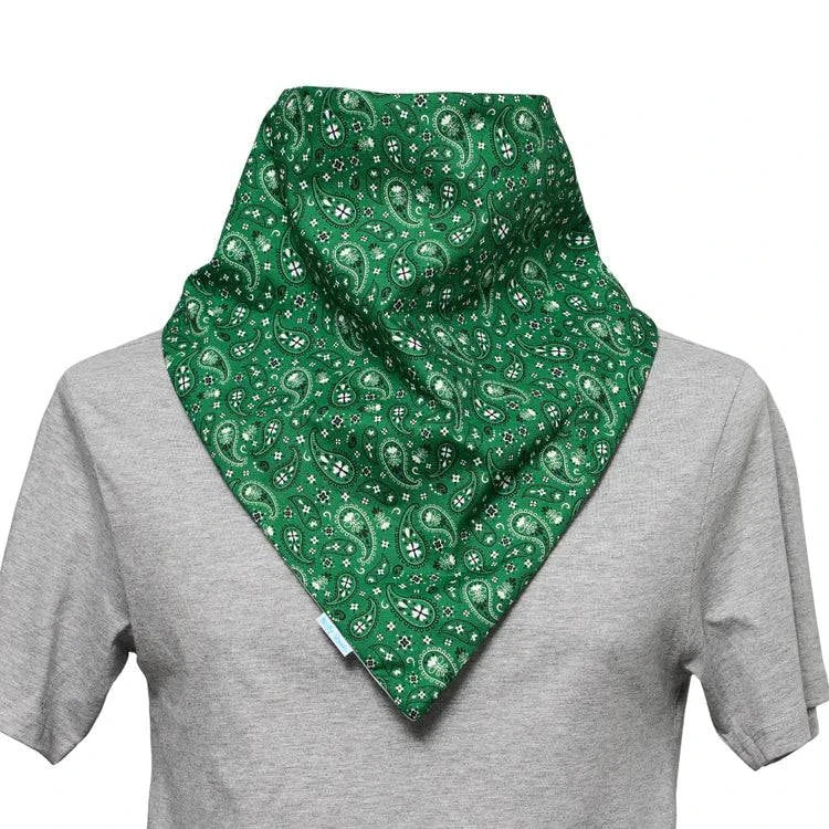 Green paisley waterproof Brolly Bandana from Brolly Sheets, an absorbent adaptive clothing accessory for adults.