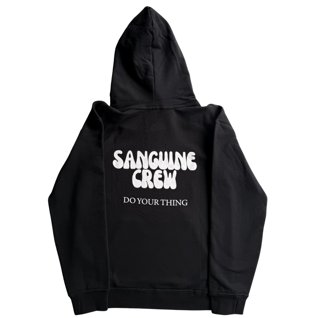 Back view of a Sanguine Crew Kids Hoodie in soft fabric, featuring a comfortable fit and classic design.