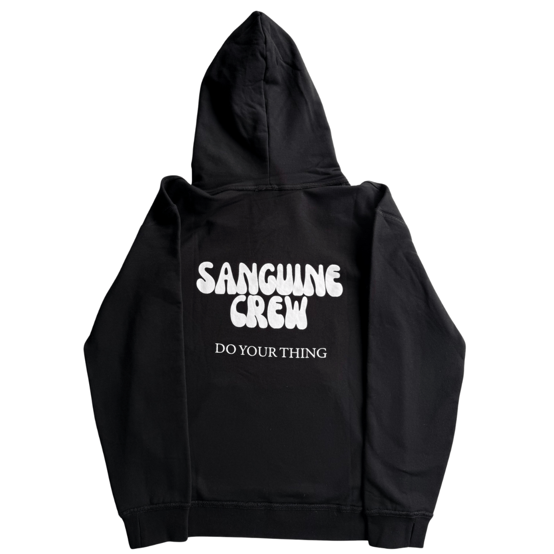 Back view of a Sanguine Crew adult hoodie in soft fabric, featuring a classic design and relaxed fit.