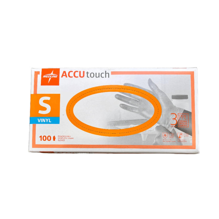 Medline Accutouch clear vinyl exam gloves for continence, showing flexible, transparent gloves on a clean surface.