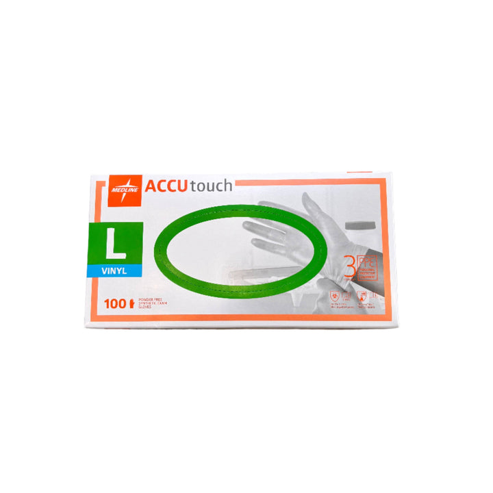 Medline Accutouch clear vinyl exam gloves for continence, showing their flexible, transparent material and snug fit.