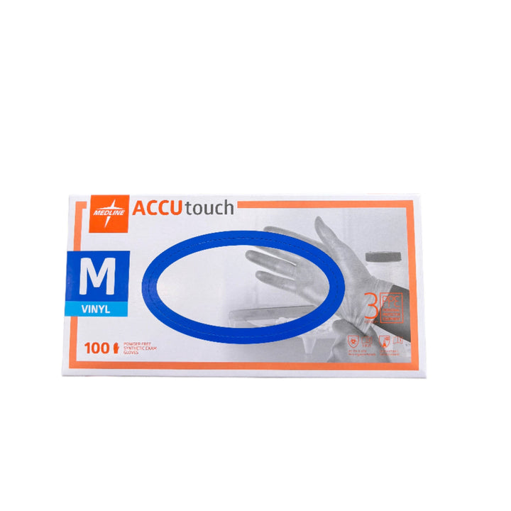 Medline Accutouch clear vinyl exam gloves for continence care, showing the transparent, flexible gloves on a white background.