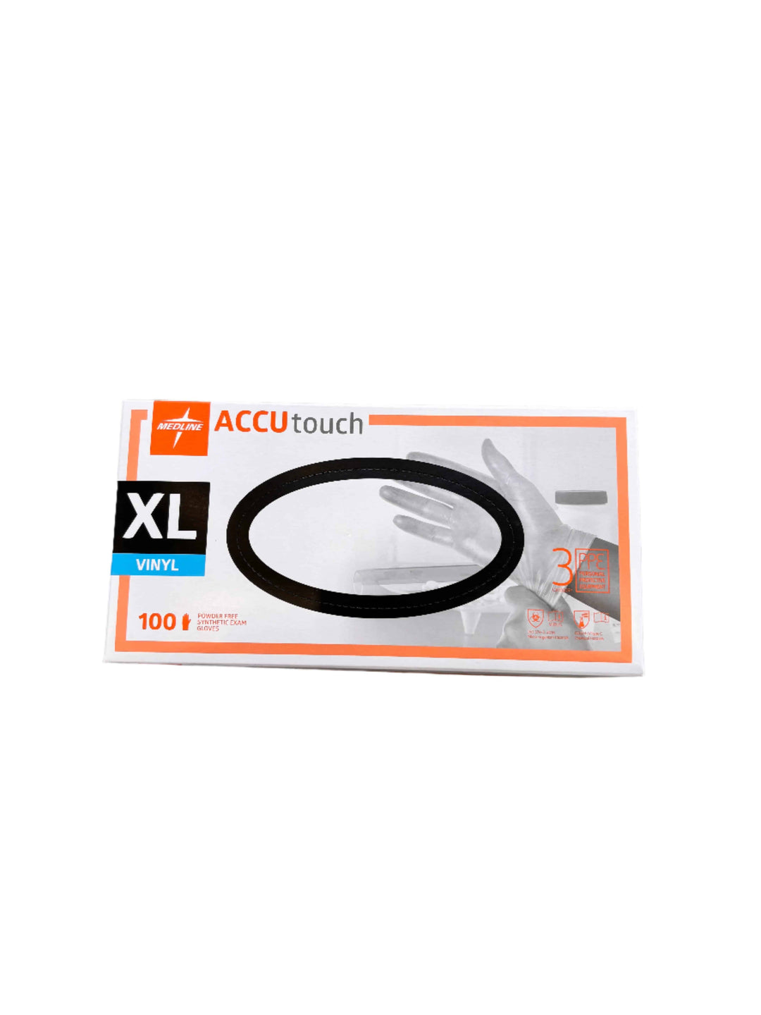 Medline Accutouch clear vinyl exam gloves for continence care, showing the gloves folded on a white background.