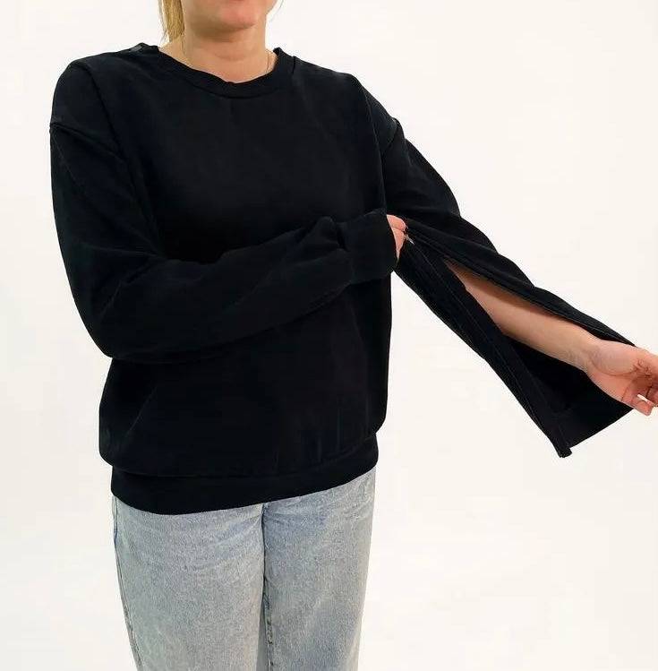 JAM the Label Zip Access Jumper in soft fabric, featuring a stylish zip closure and relaxed fit, displayed on a hanger.