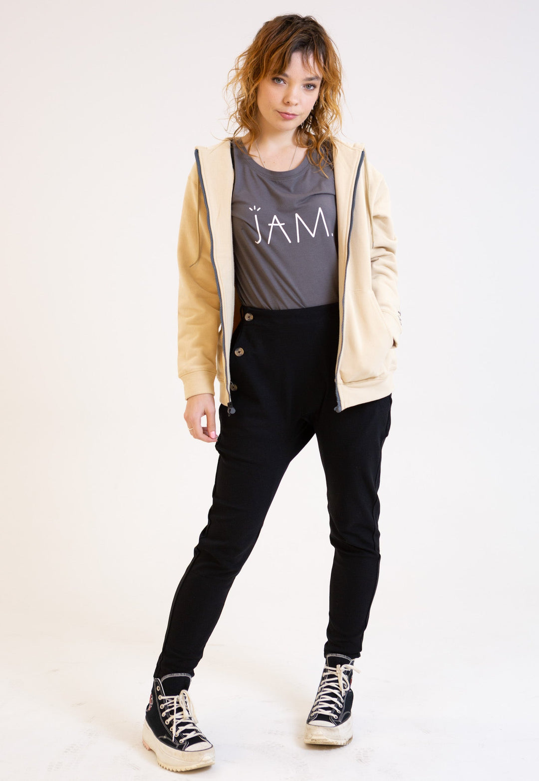 JAM the Label magnetic hoodie in soft fabric, featuring a stylish design and functional magnetic closures.