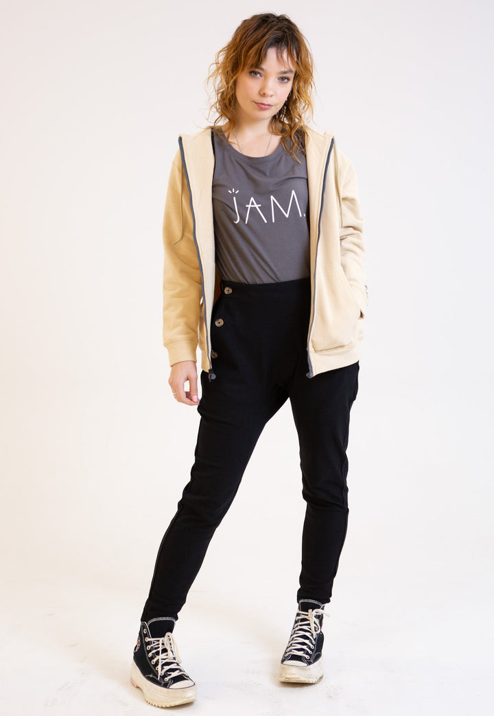 JAM the Label magnetic hoodie in soft fabric, featuring a stylish design and functional magnetic closures.