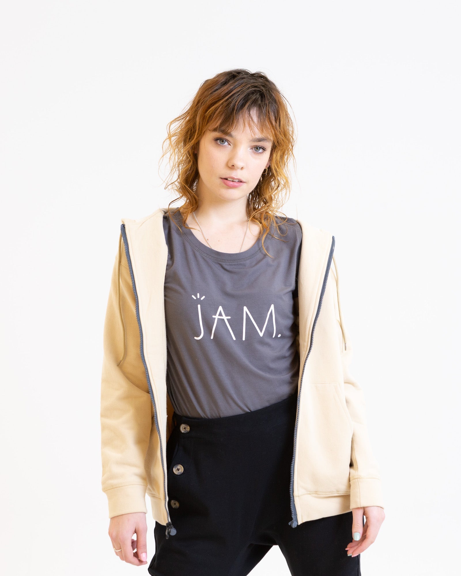 JAM the Label magnetic hoodie in soft fabric, featuring a relaxed fit and front pocket, displayed on a neutral background.