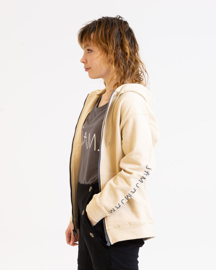 JAM the Label magnetic hoodie in soft fabric with a relaxed fit, featuring a hood and pockets, displayed on a neutral background.